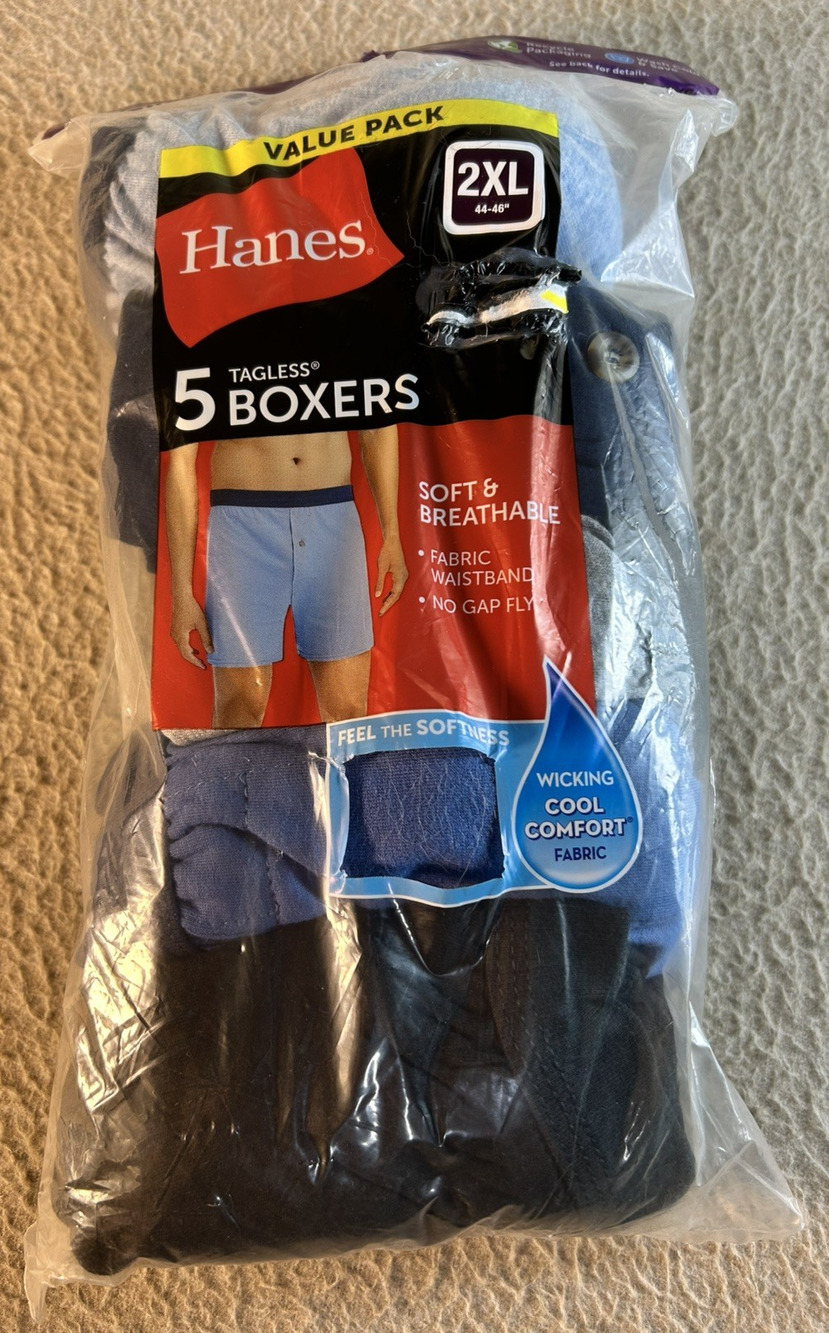 Hanes Men's 2XL 44-46 Tagless Cool Comfort Knit Boxer Shorts Solid Colors 5 Pack